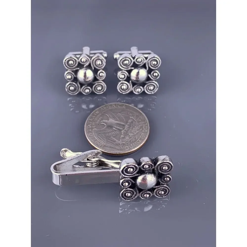 Swirl Spiral Silver Tone Cufflinks Tie Pin Square Scrolls Swoops Vintage